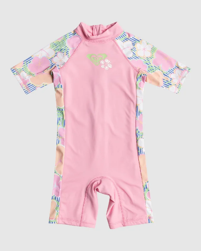 surf clothing for protecting skin from saltwater-Girls 2-7 Tiny Flower Short Sleeve One-Piece Rash Vest