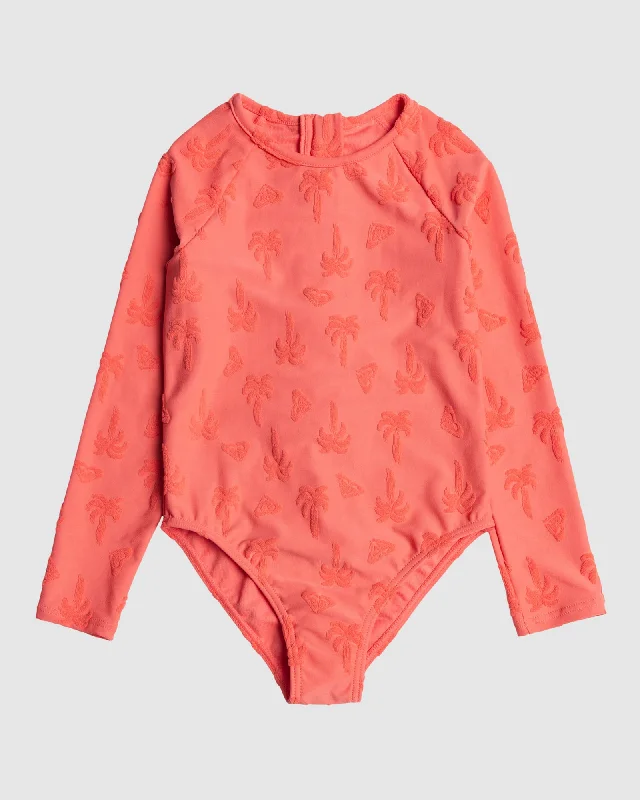 surf clothing for ultimate comfort-Girls 2-7 Palm Tree Long Sleeve Rash Vest