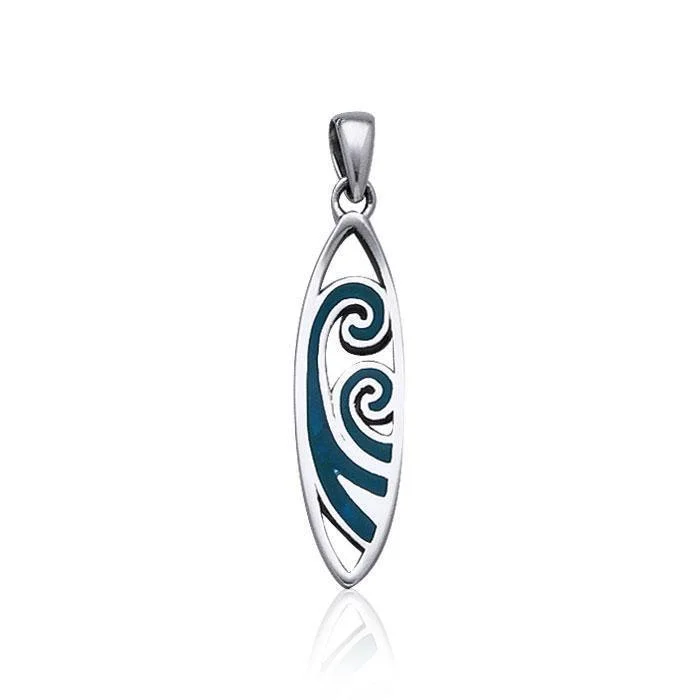 longboard surfboards for stable and smooth rides-Surfboard with Inlaid Waves ~ Sterling Silver Pendant TP2946