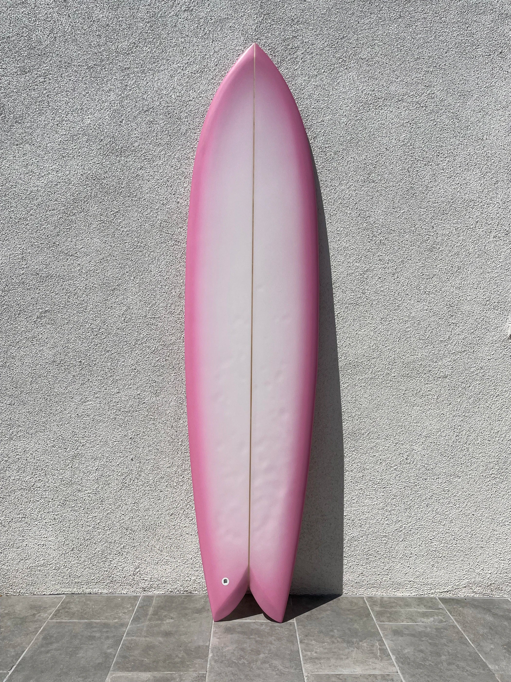 longboard surfboards with classic pintail design-Deepest Reaches | 7’6” Mega Fish Pink Surfboard (USED)