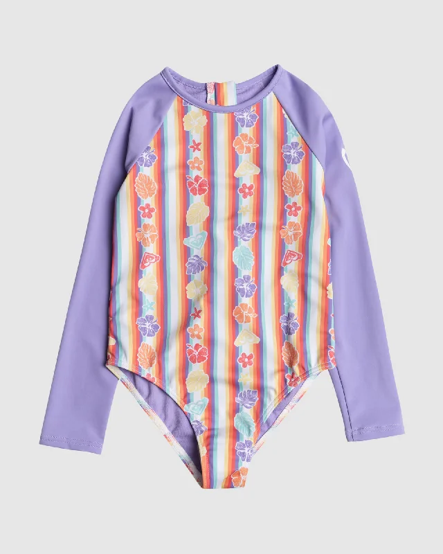 surf clothing for kids-Girls 2-7 Rainbow Bay Stripe Long Sleeve Rash Vest