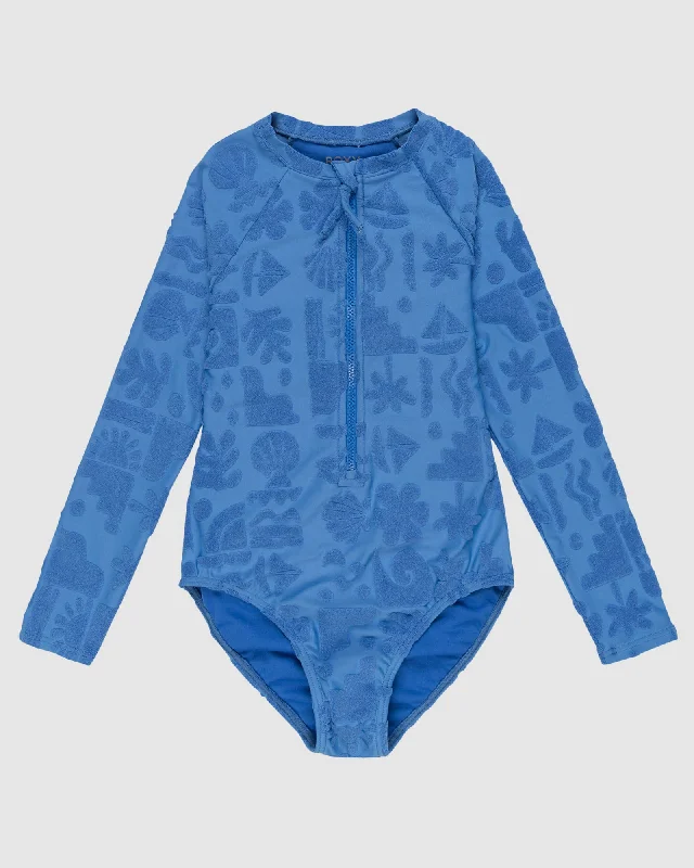 surf clothing with reflective elements for safety-Girls 8-16 Beach Check Onesie Long Sleeve Rash Vest