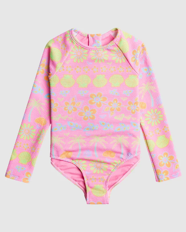 surf clothing with fun, bold prints-Girls Beach Day Together Ls Onesie Rashguard