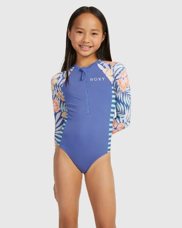 eco-friendly surf clothing brands-Girls Funky Palm Onesie Rashguard