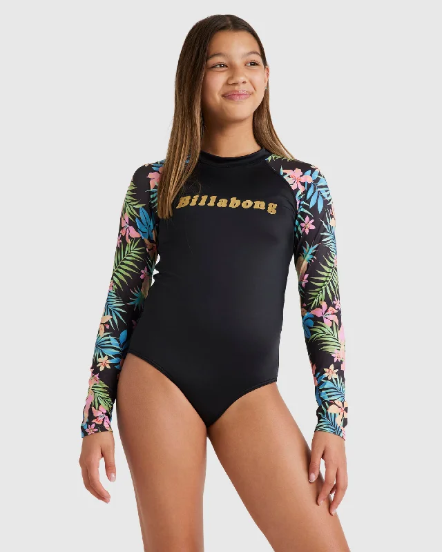 surf clothing for professional beach events-Girls 6-14 In Da Jungle Long Sleeve Bodysuit