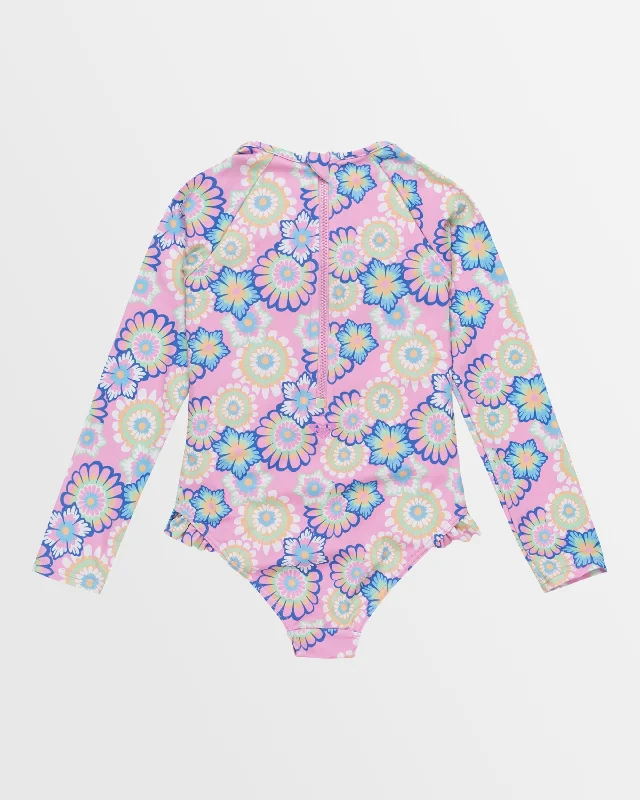 best surf clothing for beach activities-Girls 2-7 Flower Party Long Sleeve Rash Vest