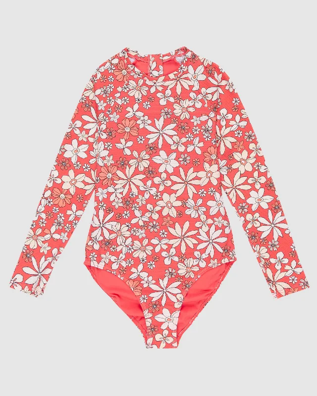 affordable surf clothing for beginners-Girls 8-16 Fab Floral Long Sleeve Rash Vest