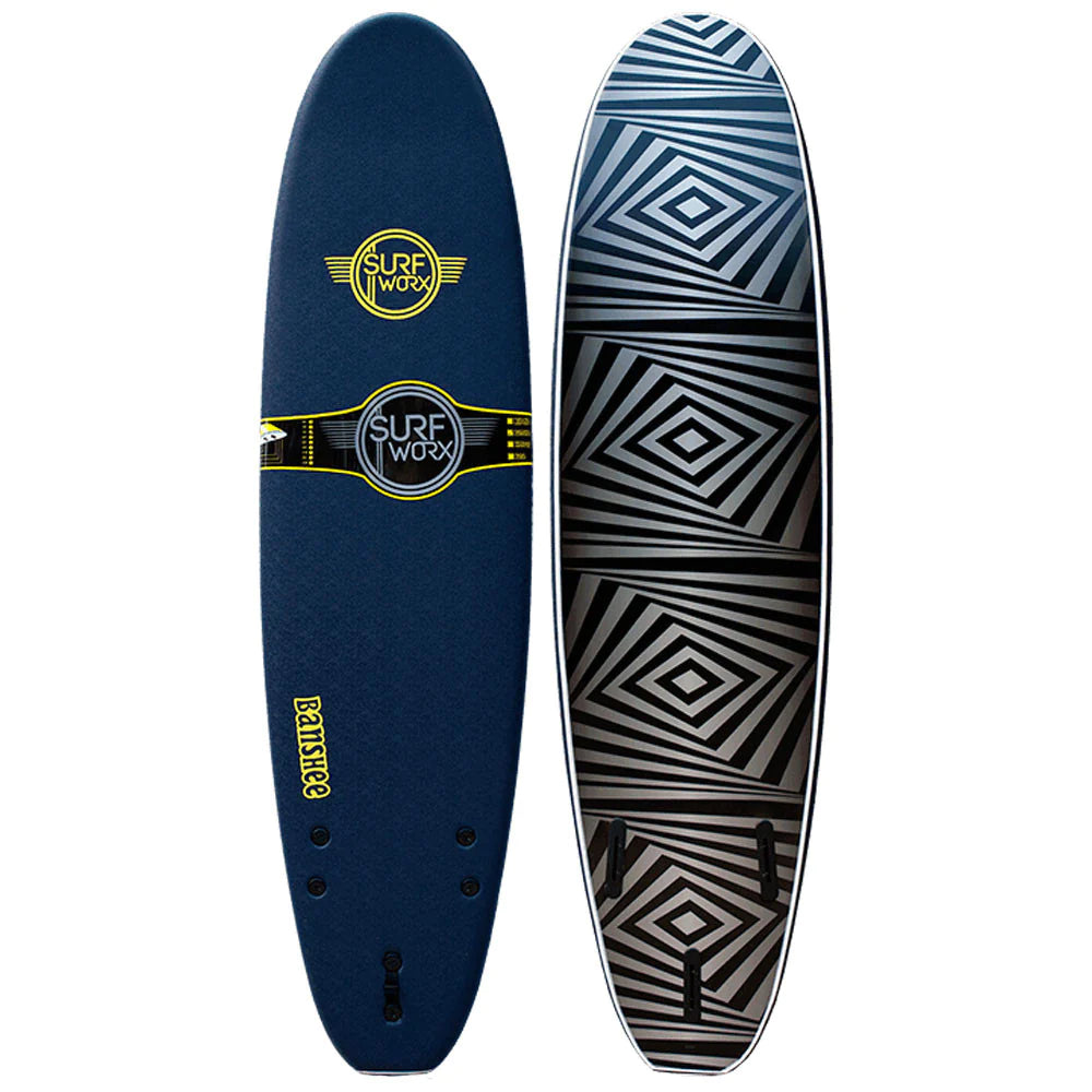 longboard surfboards with a thick nose for enhanced paddle power-Surfworx Banshee Mini Mal 8ft 0 Soft Surfboard - Mid Blue