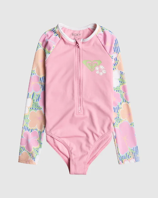 surf clothing for casual beach walks-Girls 2-7 Tiny Flower Long Sleeve One-Piece Rash Vest